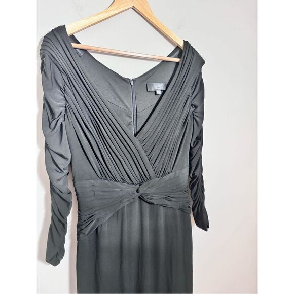 TADASHI Black Long Ruched Sleeve Deep V Neck Draped Evening  sheath Dress size L - Picture 2 of 7